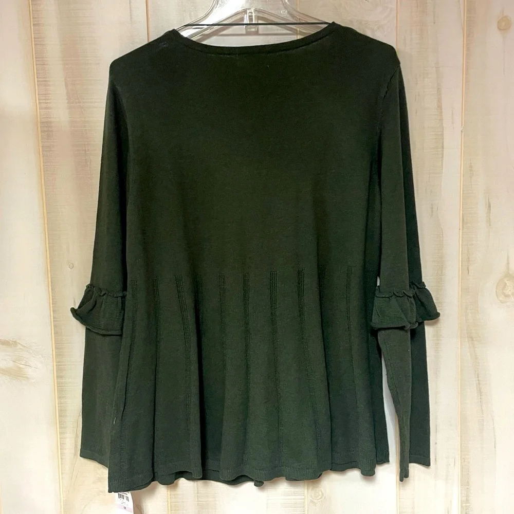 NWT Style & Co Dark Green V Neck Ruffle Sleeve Sweater Pullover Sz 1X - Picture 2 of 5
